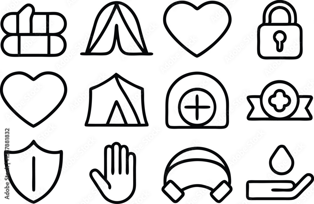 Poster outline icon set of safe spaces symbols isolated on transparent background