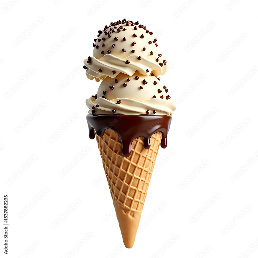 Poster a vanilla ice cream cone with chocolate drizzle and sprinkles isolated on transparent background