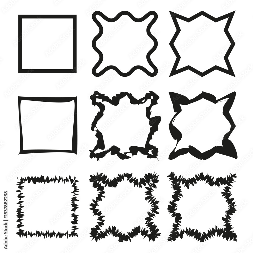 Poster grunge square icons. irregular border shapes. vector contour collection. abstract black frames.