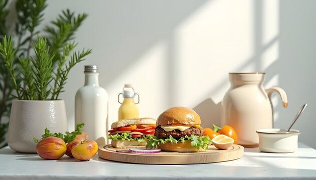 Bright Kitchen Still Life with Burgers, Drinks, and Fresh Fruit in Natural Light - Powered by Adobe