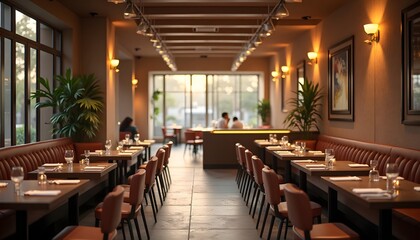 Elegant restaurant interior with set tables, warm lighting, and blurred figures in the background