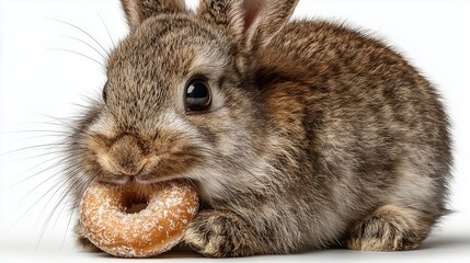 Grimey rabbit holding a half-eaten donut on white backdrop, fluffy animal with sweet treat, high-definition