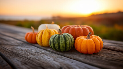Colorful autumn pumpkins arranged on rustic wooden table at sunset