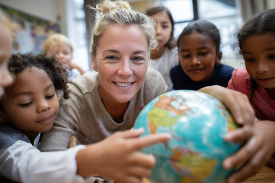 close-up photo of teacher showing globe to curious children from various cultural backgrounds, hands pointing at countries, 