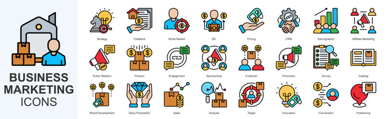 Business Marketing icon set vecvtor Flat Line Style strategy, collateral, niche market, b2c, pricing, crm, demographic, affiliate marketing, public relation, product, engagement