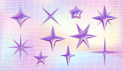 Pink pastel vector 3d twinkle set. Abstract metallic star shape collection, glossy iridescent sparkle bling elements. Y2k stickers, shining galaxy illustration
