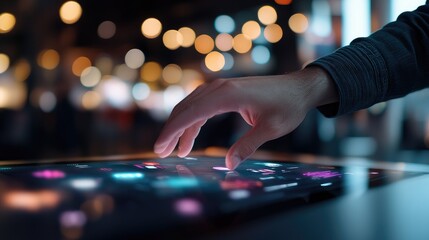 A person interacts with a glowing, interactive tablet at night.  Blurred city lights in the background