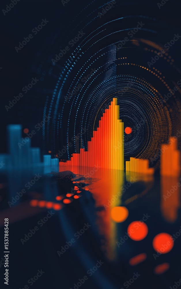 Poster a vibrant digital graph with glowing orange and blue bars surrounded by concentric dotted circles on