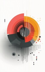 Obraz premium Abstract geometric design featuring concentric circles and lines in red, orange, black, and gray on a white background.