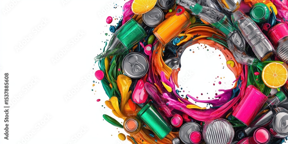 Poster a vibrant swirl of colorful liquid splashes mixed with various beverage cans and fruit slices, creat