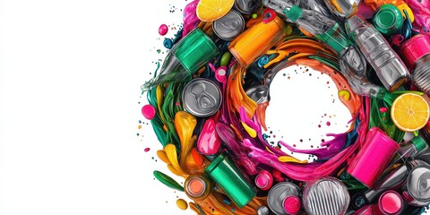 A vibrant swirl of colorful liquid splashes mixed with various beverage cans and fruit slices, creating a dynamic and energetic visual.