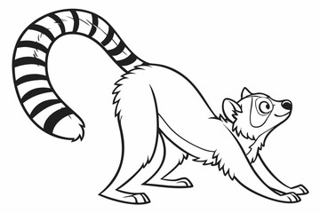 coloring page for kids, a ring-tailed lemur sitting in a funny yoga pose, with its long striped tail curled around its body, thick outlines, black and white