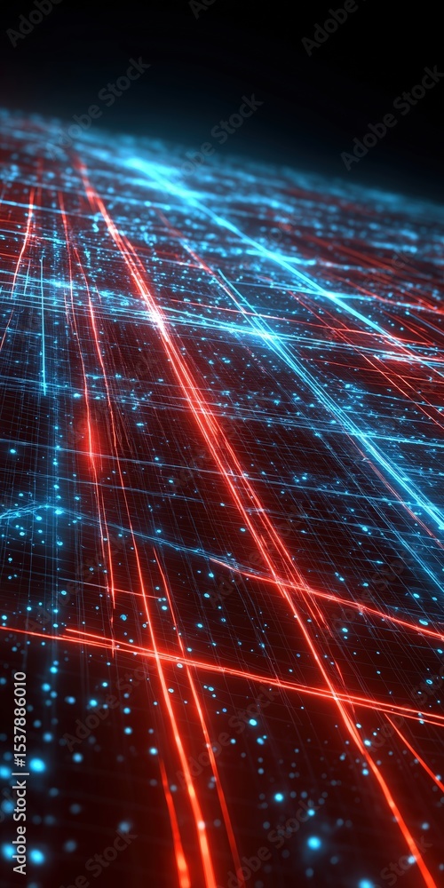 Poster a digital grid with intersecting red and blue neon lines and glowing data points, representing futur
