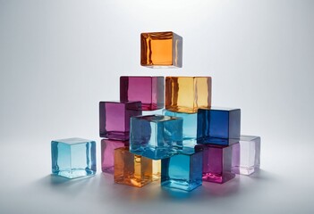 Colorful Acrylic Cubes Stacked: A mesmerizing stack of translucent acrylic cubes in blue, purple, and yellow hues, capturing the play of light and color against a clean background. Ai generated image