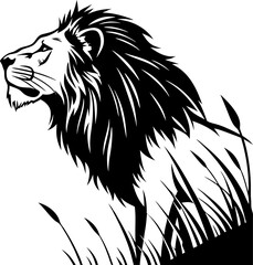 Fototapeta premium Majestic Lion Silhouette in Grassy Plains An Emblem of Strength and Wildlife Beauty in Striking Black and White