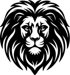 Obraz premium Majestic Lion Head with a Powerful Mane Bold Black and White Silhouette Representing Strength Courage and Regal Animal Kingdom