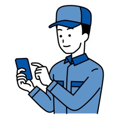 スマートフォンを操作するつなぎ作業服の男性