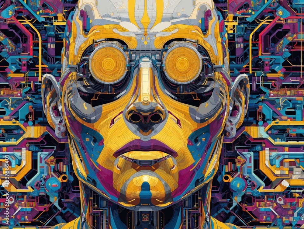 Aufkleber a vibrant digital artwork of a futuristic humanoid robot with intricate patterns and glowing orange 
