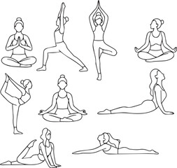 Obraz na płótnie Canvas Minimal Line Art of Women Performing Yoga Poses International Yoga Day Illustration