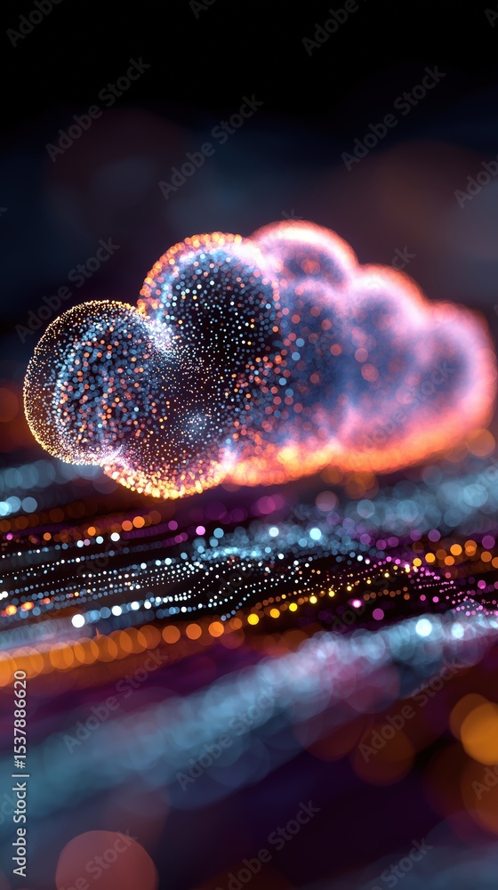Poster a vibrant, glowing cloud-like formation made of colorful, illuminated particles floats above a dynam
