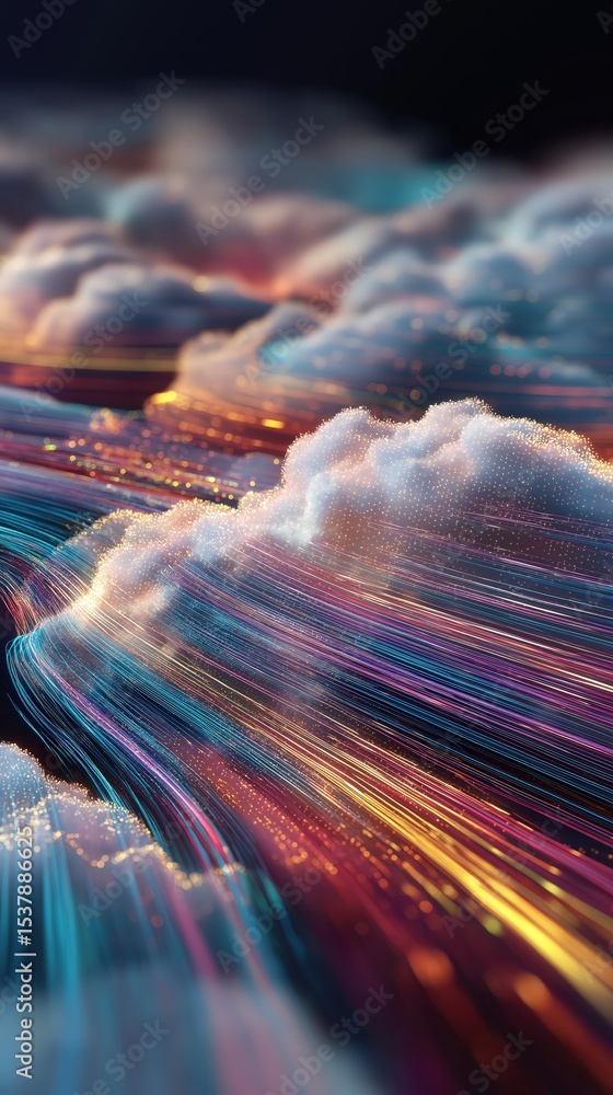 Poster abstract digital waves flowing with vibrant, multicolored light streaks and soft, cloud-like texture