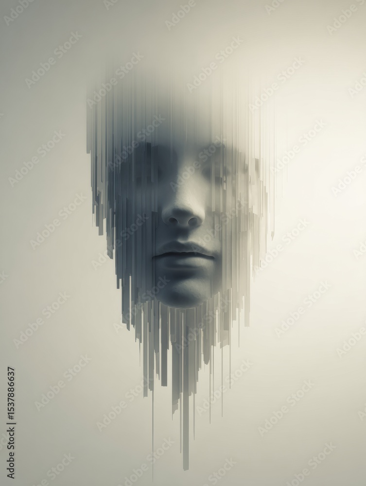 Poster Surreal Mask Fading Away in a Neutral Void Creating an Ethereal Ambiance