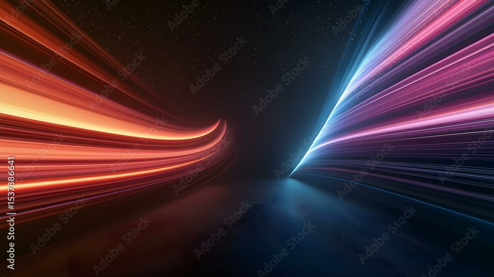 Poster the image contains an abstract representation of two opposing streams of light, one warm orange-red 