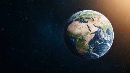 Fototapeta premium A detailed view of planet Earth from space, showcasing Africa and parts of Europe and Asia, set against a backdrop of a dark, star-studded cosmos with a warm-toned glow on the right.