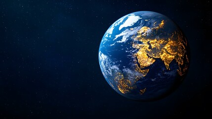 Obraz premium The image shows a render of planet Earth in space, with city lights illuminating parts of Eurasia and the Middle East, set against a backdrop of stars.