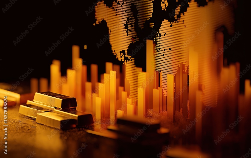 Aufkleber a digital golden bar graph with stacked bars and a pixelated world map in warm tones, symbolizing gl