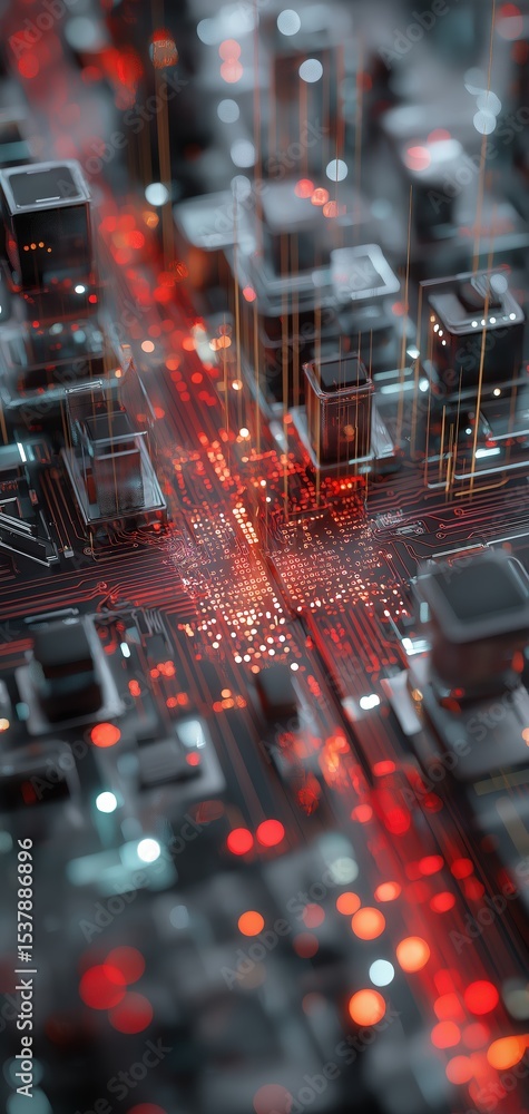 Poster a close-up of a futuristic digital circuit board with glowing red and orange lights, representing ad