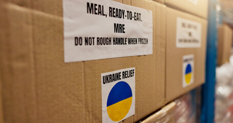 Shipping, Ukraine and charity with box in warehouse for logistics, food package and donation. NGO...
