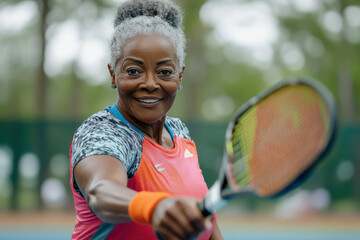 Portrait of senior black woman with pickleball paddle. Fitness, training, and health blend in this dynamic sports moment.