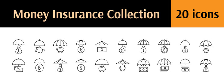 Pack of Money Insurance Related Line Icons. Money under Umbrella Outline Signs for Graphic and Web Design, Apps, Adverts, Various Cards