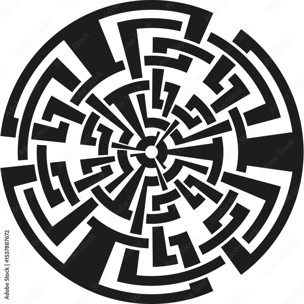 Poster circular maze icon. black labyrinth pattern. puzzle path symbol. vector complexity shape.