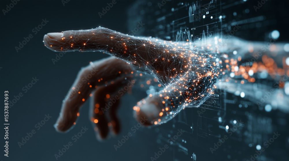 Poster human-like ai hand interacting with transparent digital interface, holographic graphs, neural networ