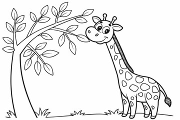 Fototapeta premium coloring page for kids, a tall giraffe eating leaves from a simple tree branch, kawaii style, thick outlines, black and white