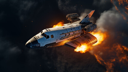 Obraz premium The spaceship is about to explode.,A space shuttle soaring into the sky with blazing flames, realistic
