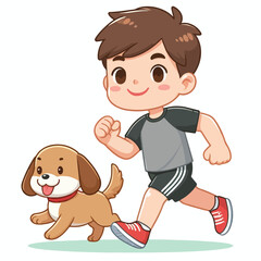 Cute boy cartoon vector jogging with dog