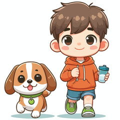 Cute boy cartoon vector jogging with dog