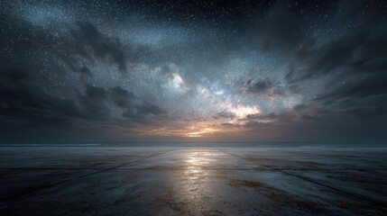 Dramatic nocturnal seascape with shimmering tiled platform under starry sky