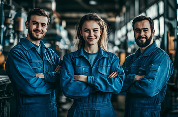 Fototapeta premium Three industrial workers smiling