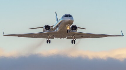 Naklejka premium Private jet landing, clouds below, airport runway