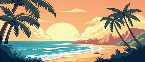 Sunset Over Tropical Ocean Beach with Palms