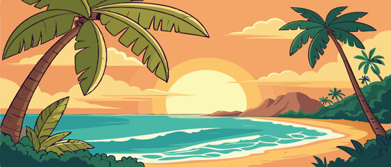 Sunset Over Tropical Ocean Beach with Palms