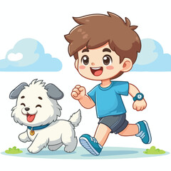 Cute boy cartoon vector jogging with dog