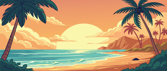 Sunset Over Tropical Ocean Beach with Palms