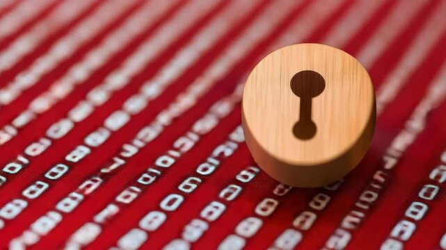 Wooden padlock symbolizing data security on a backdrop of binary code.