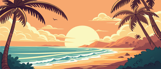 Sunset Over Tropical Ocean Beach with Palms