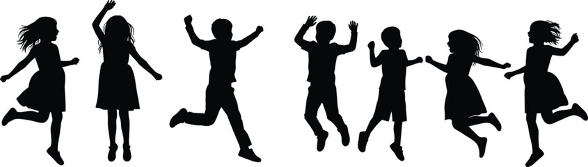 Silhouette of happy children jumping and playing together, isolated on white background, group of boys and girls, childhood freedom concept, energy